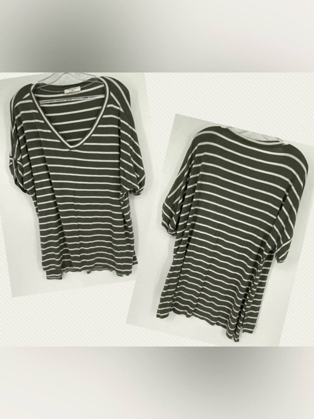 Zenana Olive Green White Striped V-Neck T Shirt 2X